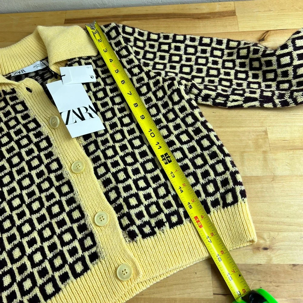 Zara‎ Cardigan Sweater Geometric Collared Size Small Yellow NEW Retro Wool Blend